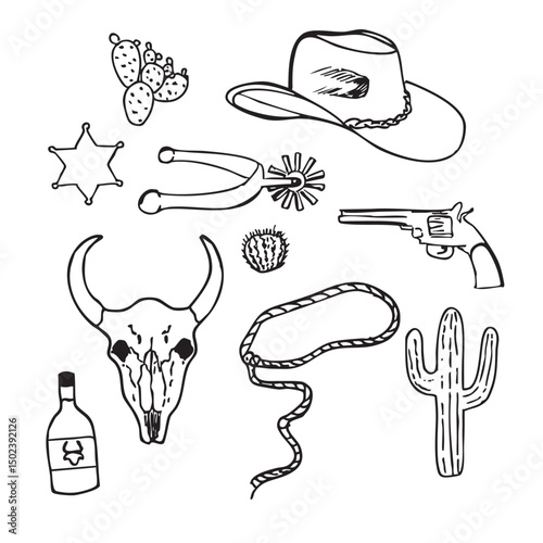 Hand drawn western vector doodles. Line art illustrations with wild west atmosphere, cowboy and cowgirl hat, spur, lasso, revolver, sheriff's star, bottle of whiskey, bull's skull and various cactuses