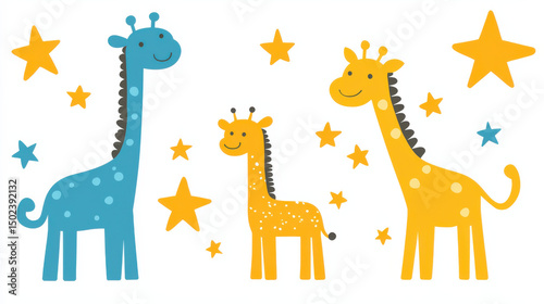 Cute giraffe illustrations with bright colors and playful stars create joyful atmosphere, perfect for children decor or educational materials