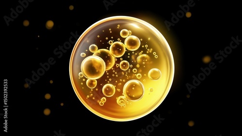 Golden - hued liquid with bubbles in a spherical form