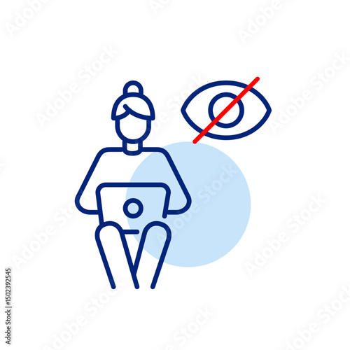 Vector icon of woman sitting and working at laptop with crossed-out eye, symbolizing private work, hidden activity, or invisible online presence. Ideal for productivity apps, remote work tools, and pr