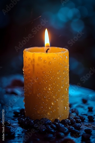 Yellow candle with water droplets