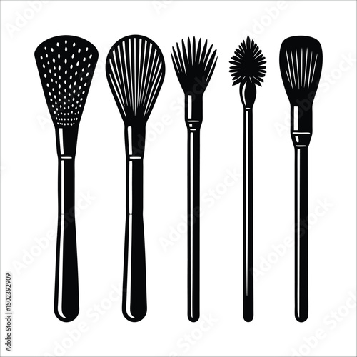 A brush & kitchen cutlery set with isolated metal fork, spoon, and knife utensils on white, decor, simplicity, neat, contemporary, tidy, composition, kitchenware, organization, professional, style