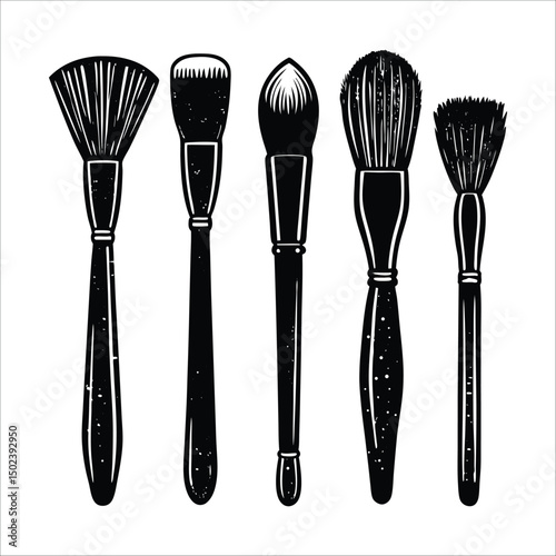 A brush & kitchen cutlery set with isolated metal fork, spoon, and knife utensils on white, decor, simplicity, neat, contemporary, tidy, composition, kitchenware, organization, professional, style