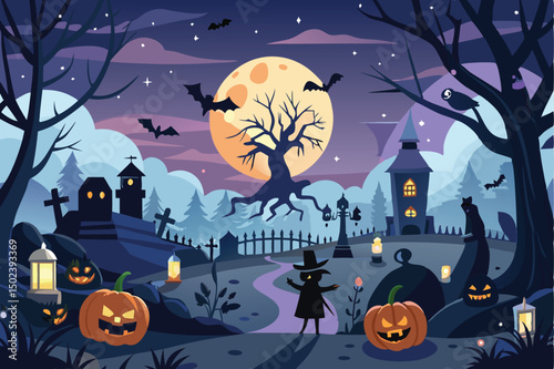 Spooky Halloween night background with haunted house, pumpkin, and bats silhouette vector illustration
