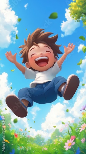 Boy joyfully jumping in a flower - filled meadow