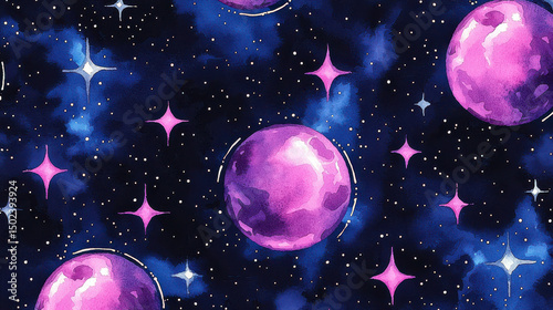 Colorful watercolor space pattern featuring purple planets and stars, creating dreamy cosmic atmosphere