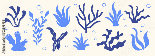 Set of Seaweeds and coral reef underwater plants vector collection. Aquarium, ocean and marine algae water plants, corals isolated on white. Seaweeds polyps silhouettes. Branches, twigs and flowers.