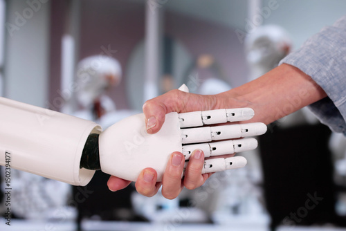 Corporate Banner Meeting: Woman Shakes AI Robot's Hand