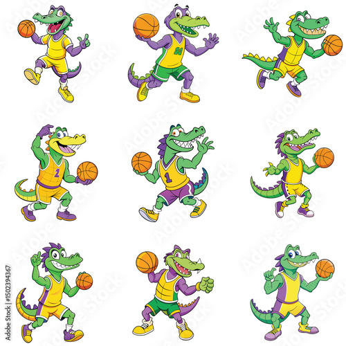 Cartoon alligators wearing basketball uniforms dribble balls in various poses displaying skill and athleticism