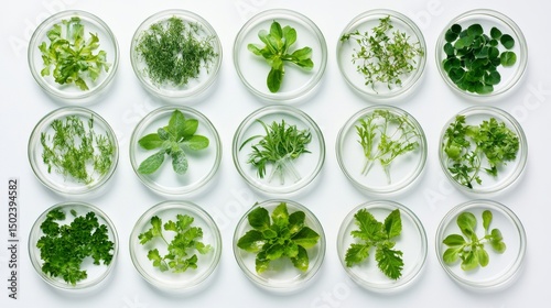 Petri dishes with various green plants and seedlings growing in nutrient agar isolated on white background for scientific research and botanical experiments
