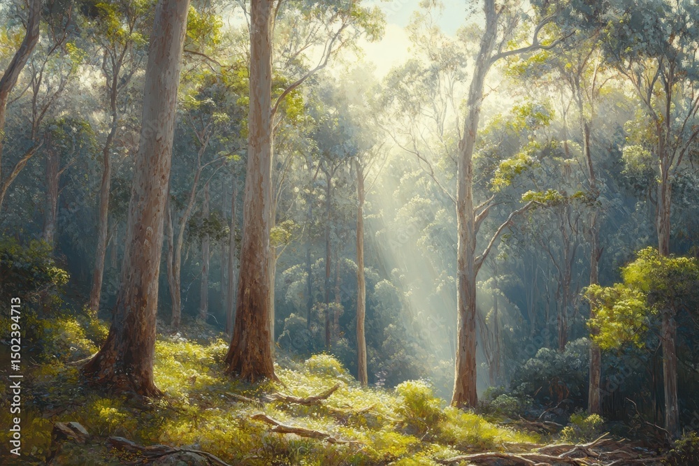 Fototapeta premium Sunlight filters through trees in a tranquil forest environment, Sun rays and light shines through forest canopy in Australia native forest