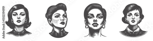 Vintage Female Portraits Engraving and Linocut Style Illustration