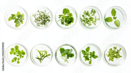 Petri dishes with various green plants and seedlings growing in nutrient agar isolated on white background for scientific research and botanical experiments
