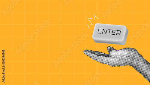 halftone collage, hand holding the 'Enter' key of the keyboard on a bright orange background. go deeper, technology, innovation, and startup visuals