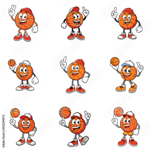Cheerful cartoon basketball character set wears caps and sneakers with happy expressions while posing