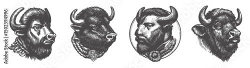 Detailed Engraving of Bison Heads and Human Portraits in Vector Art