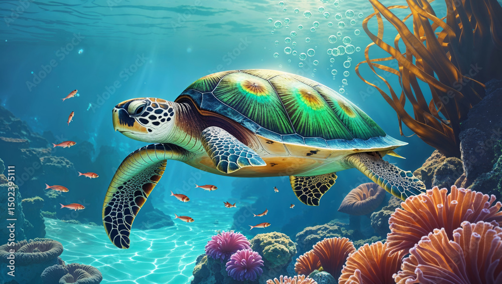 Obraz premium A majestic sea turtle glides through a vibrant coral reef ecosystem underwater.