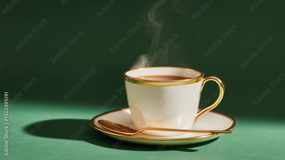 Aromatic Steam Coffee in Elegance: An elegant porcelain teacup, filled with steaming, rich coffee, rests on a matching saucer, with a golden teaspoon beside it against a rich emerald background. 