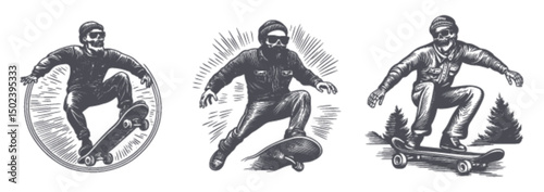 Vintage Skateboarder Engraving with Skull and Bearded Style