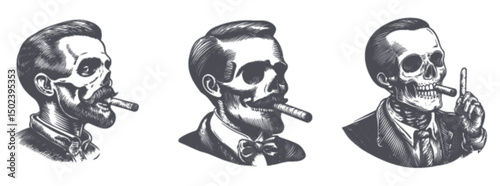 Vintage Engraving of Three Skull Characters with Cigars Illustration