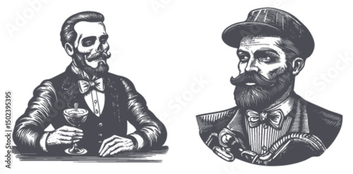Vintage Engraving Illustration of Skeleton Man and Bearded Gentleman