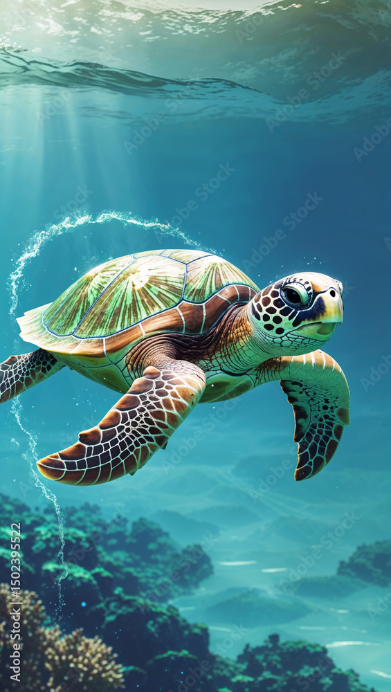 Obraz premium A magnificent sea turtle glides through the clear blue ocean, an enchanting marine sight.
