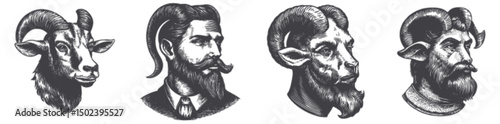 Detailed Engraving of Stylish Goat Heads and Bearded Figures