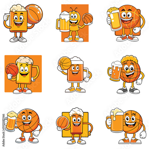 Collection of animated mascots featuring beer mugs and basketballs with happy expressions and athletic shoes