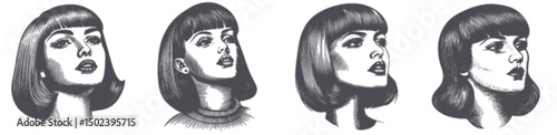 Vintage Engraved Portraits of Women with Bob Hairstyles Illustration