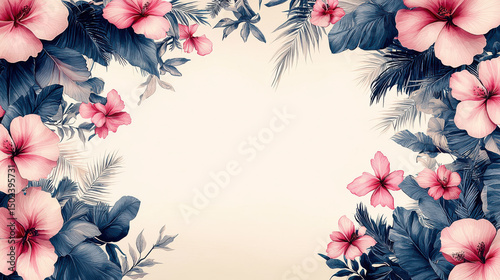 Beautiful floral border featuring hibiscus flowers and tropical leaves, creating vibrant and inviting atmosphere. Perfect for invitations