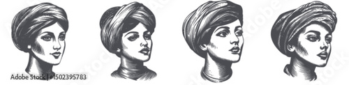 Elegant Vintage Illustrations of Woman's Headwear in Engraving Style