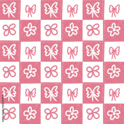 Colorful flower tile pattern with playful hand-drawn floral motifs in a grid layout. Pink background with white and red highlights, suitable for stationery, scrapbook, or packaging