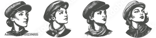 Vintage Engraving of Four Female Figures Wearing Caps and Scarves