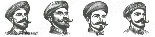 Historical Portraits of Men with Turbans and Mustaches in Engraving Style