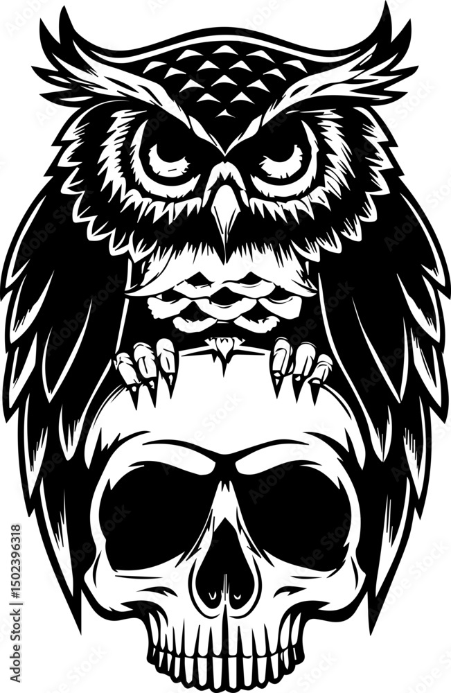 Obraz premium Owl tattoo design in SVG format. Owl Illustration on Skull Background in Black and White