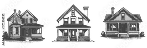 Vintage Engraving of Classic American Homes in Detailed Linocut Style