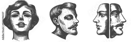 Detailed Black and White Engraving of Vintage Male and Female Portraits