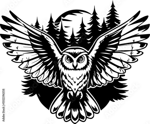Owl tattoo design in SVG format. Majestic Owl with Wings Spread in Forest Silhouette Design