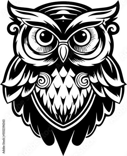 Owl tattoo design in SVG format. Elegant Black and White Stylized Owl Illustration Design