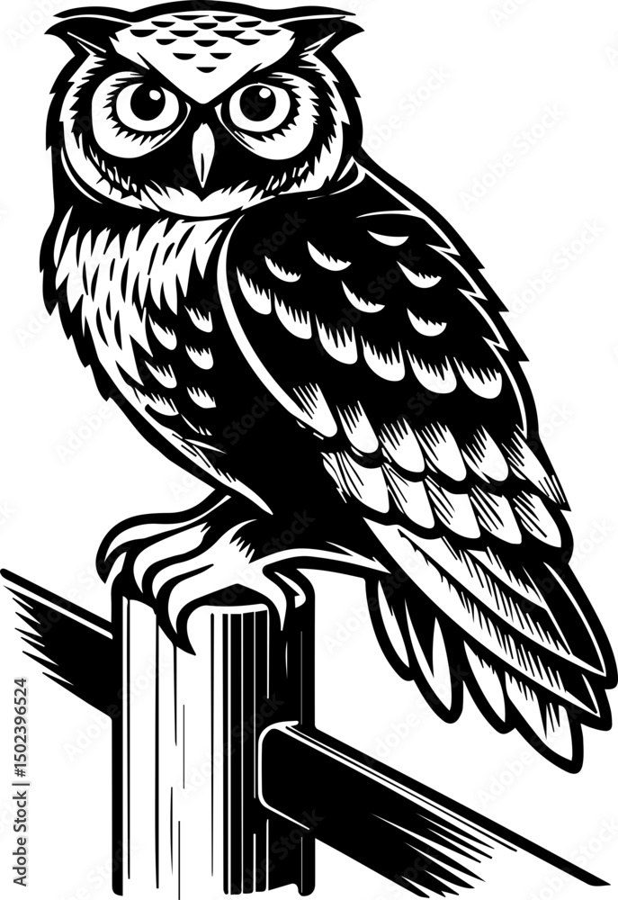 Naklejka premium Owl tattoo design in SVG format. Black and White Artistic Owl Illustration Perched on Post