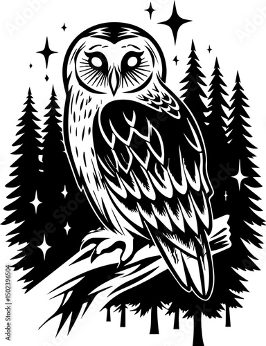 Owl tattoo design in SVG format. Intricate Black and White Owl Illustration in Forest Setting