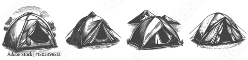 Detailed Engraving Illustration of Camping Tents in Various Positions