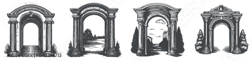 Detailed Engraved Arch Illustrations for Architecture and Design