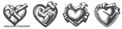 Metal Tools Engraving Hearts Vector Illustration for Crafts and Design