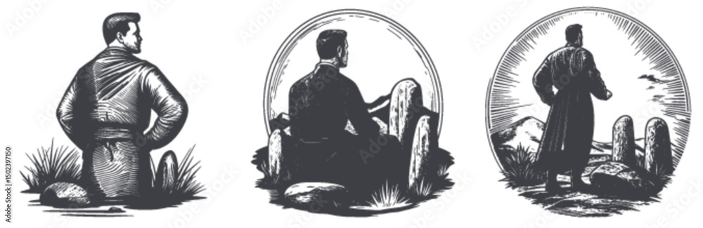 Obraz premium Vintage Engraving of Man Contemplating Nature in Linocut Style