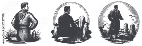 Vintage Engraving of Man Contemplating Nature in Linocut Style