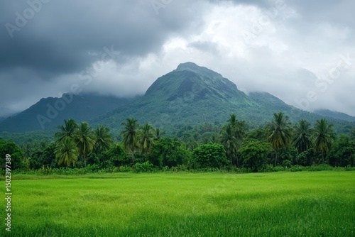 Majestic mountain towers over lush green field under a cloudy sky at midday, picturesque green field with a majestic mountain as a backdrop amidst cloudy and rainy weather photo