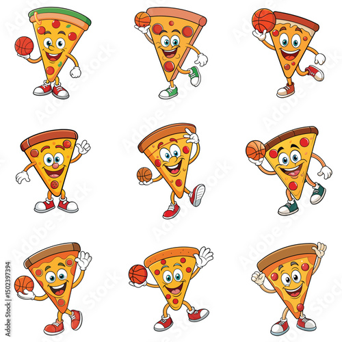 Playful pizza slice cartoon character dribbles and shoots the basketball with athletic enthusiasm and joy