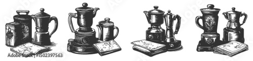 Vintage Kitchen Utensils and Coffee Makers Engraving Illustration