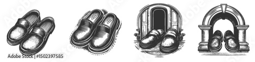 Detailed Engraving of Classic Shoes in Vintage Linocut Style
